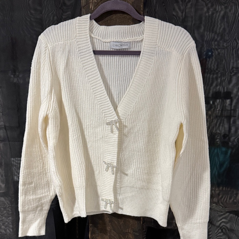 Chicwish Women's Ivory Cardigan with Bow Accents